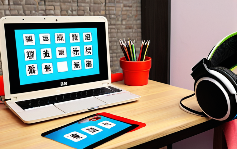 **

A visually appealing and colorful arrangement of flashcards with Chinese characters on them, intermixed with headphones and a laptop displaying a Chinese TV series with subtitles. The overall feel should be inviting and demonstrate a fun, personalized learning approach.

**